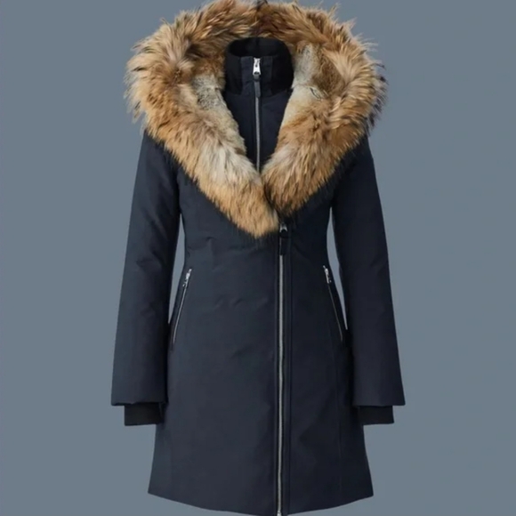 Mackage Montreal Trish-F Powder Touch Down Black Coat with Fur Trim - Picture 2 of 16